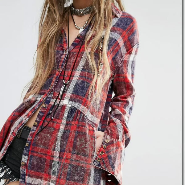 Free People Easy Street plaid flannel tunic top XS/S